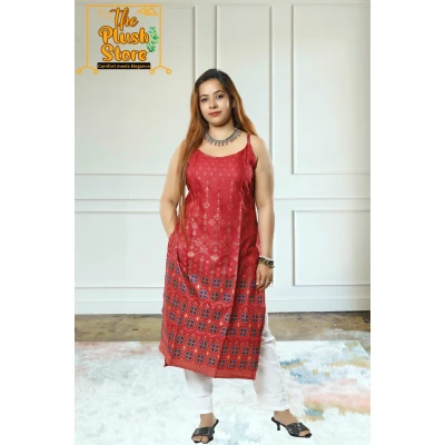 A model wearing Women's Spaghetti Maroon Kurti A model wearing Women's Spaghetti Maroon Kurti
