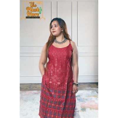 A model wearing Women's Spaghetti Maroon Kurti A model wearing Women's Spaghetti Maroon Kurti