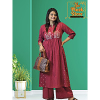 Cotton-Linen 2 Piece Kurti Palazzo Set with Embroidery work For Women