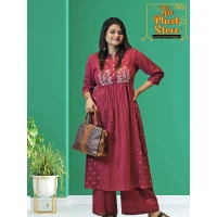 Cotton-Linen 2 Piece Kurti Palazzo Set with Embroidery work For Women