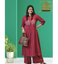 Cotton-Linen 2 Piece Kurti Palazzo Set with Embroidery work For Women