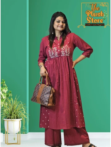 Cotton-Linen 2 Piece Kurti Palazzo Set with Embroidery work For Women  Cotton-Linen 2 Piece Kurti Palazzo Set with Embroidery work For Women data-sizes=