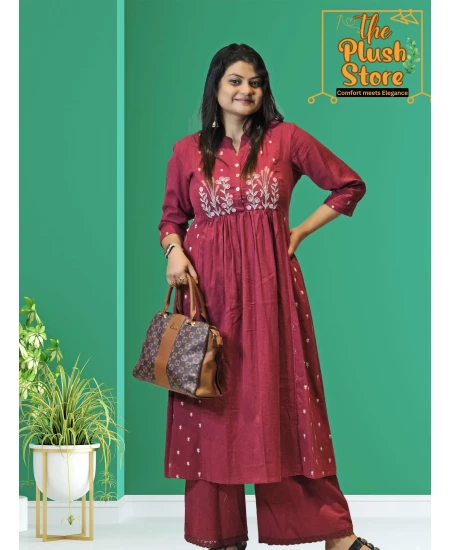 Cotton-Linen 2 Piece Kurti Palazzo Set with Embroidery work For Women