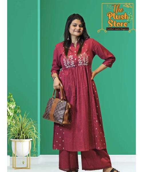 Cotton-Linen 2 Piece Kurti Palazzo Set with Embroidery work For Women