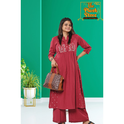 Cotton-Linen 2 Piece Kurti Palazzo Set with Embroidery work For Women