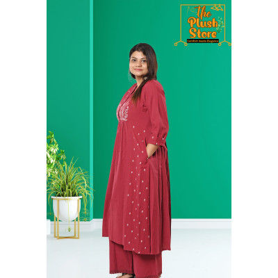 Cotton-Linen 2 Piece Kurti Palazzo Set with Embroidery work For Women