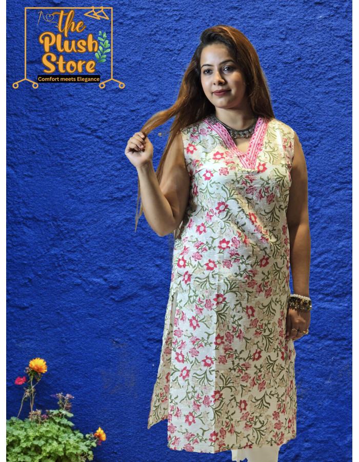 Pure Cotton Sleeveless White Floral Kurti