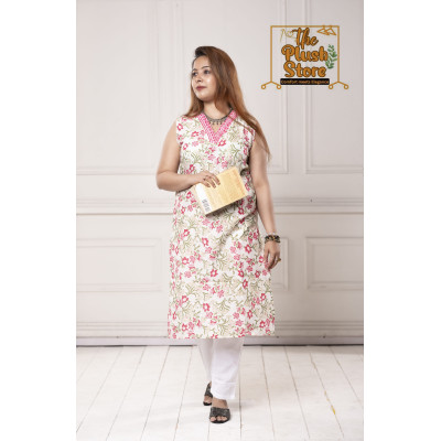 Pure Cotton Sleeveless White Floral Kurti