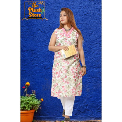 Pure Cotton Sleeveless White Floral Kurti