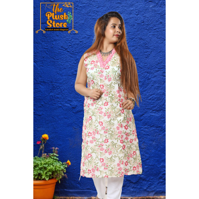 Pure Cotton Sleeveless White Floral Kurti