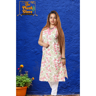 Pure Cotton Sleeveless White Floral Kurti