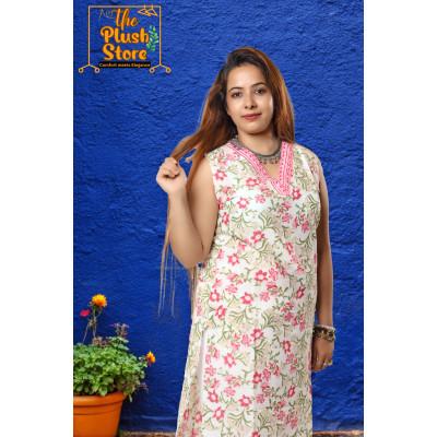 Pure Cotton Sleeveless White Floral Kurti