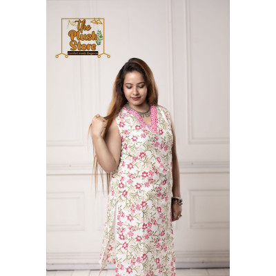 Pure Cotton Sleeveless White Floral Kurti