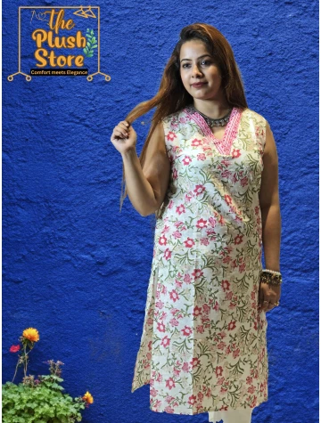 Pure Cotton Sleeveless White Floral Kurti  Pure Cotton Sleeveless White Floral Kurti data-sizes=