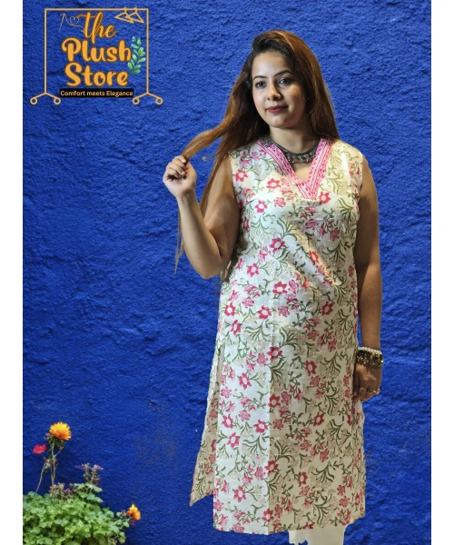 Pure Cotton Sleeveless White Floral Kurti