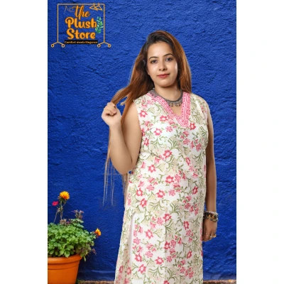 Pure Cotton Sleeveless White Floral Kurti
