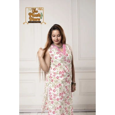 Pure Cotton Sleeveless White Floral Kurti
