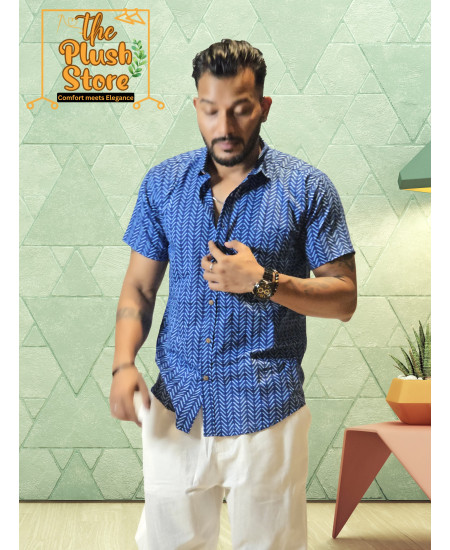Blue Zigzag Printed Pure Cotton Shirt For Men