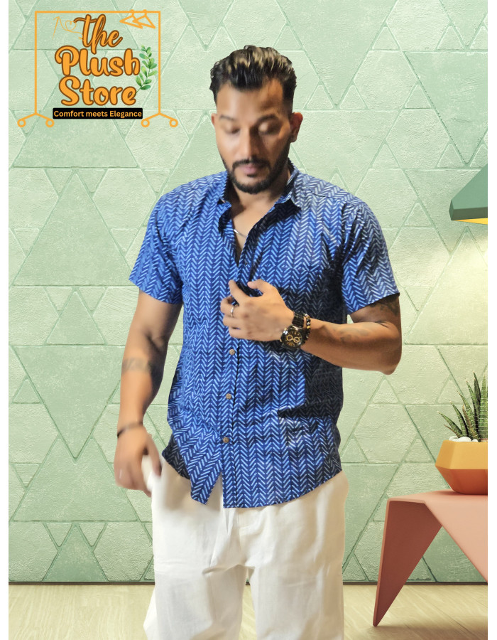 Blue Zigzag Printed Pure Cotton Shirt For Men