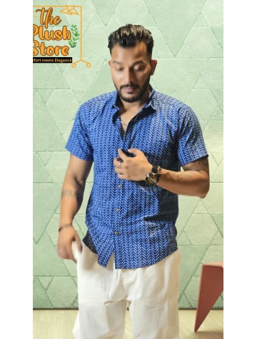 Blue Zigzag Printed Pure Cotton Shirt For Men  Blue Zigzag Printed Pure Cotton Shirt For Men data-sizes=