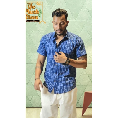 Blue Zigzag Printed Pure Cotton Shirt For Men