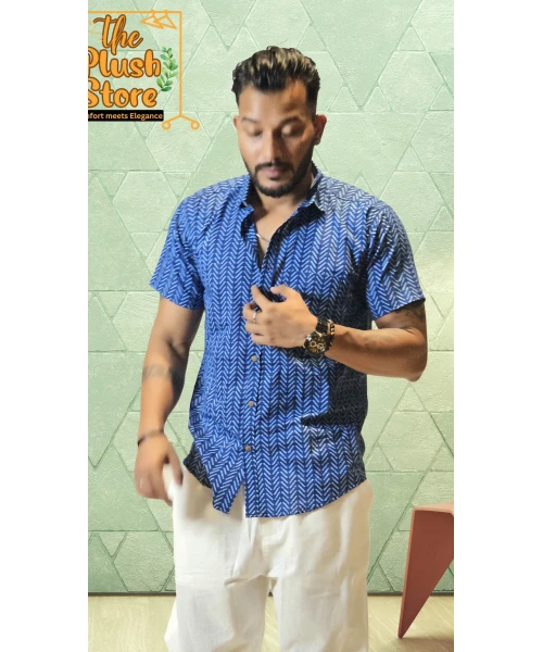 Blue Zigzag Printed Pure Cotton Shirt For Men