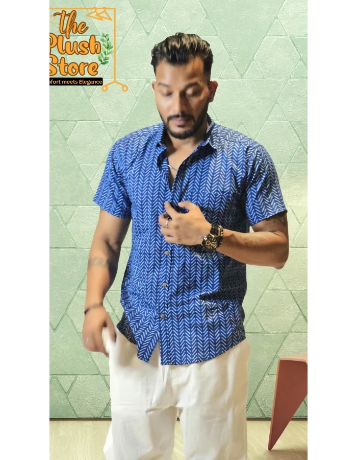 A model wearing Blue Zigzag Printed Pure Cotton Shirt For Men A model wearing Blue Zigzag Printed Pure Cotton Shirt For Men
