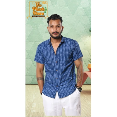 Blue Zigzag Printed Pure Cotton Shirt For Men