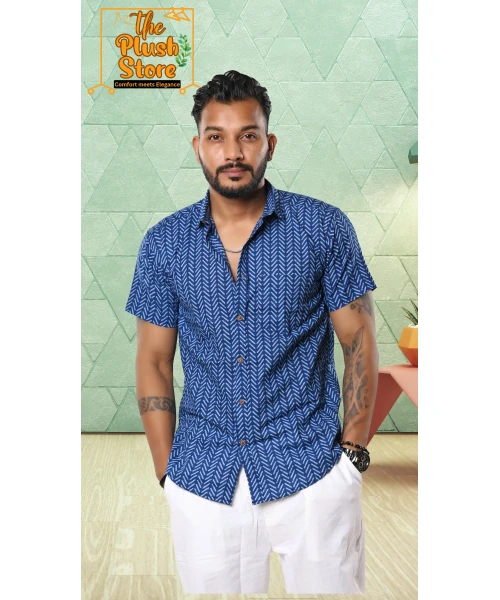 Blue Zigzag Printed Pure Cotton Shirt For Men