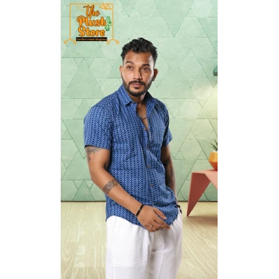 Blue Zigzag Printed Pure Cotton Shirt For Men