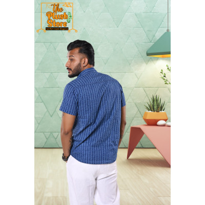 Blue Zigzag Printed Pure Cotton Shirt For Men