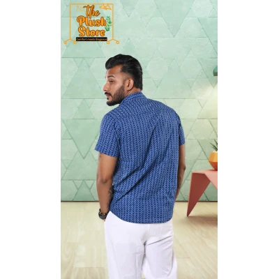 Blue Zigzag Printed Pure Cotton Shirt For Men