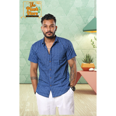 Blue Zigzag Printed Pure Cotton Shirt For Men
