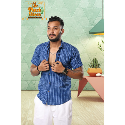 Blue Zigzag Printed Pure Cotton Shirt For Men