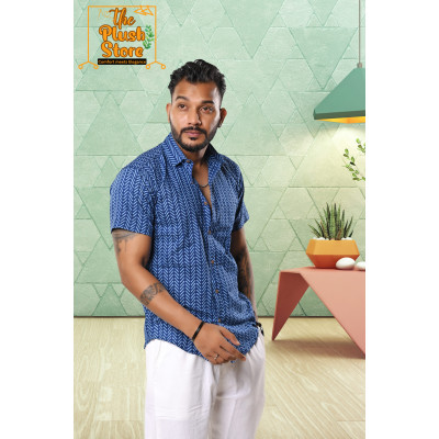 Blue Zigzag Printed Pure Cotton Shirt For Men