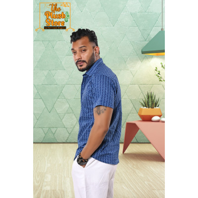 Blue Zigzag Printed Pure Cotton Shirt For Men