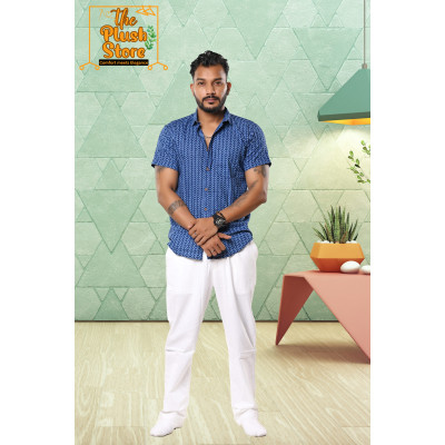Blue Zigzag Printed Pure Cotton Shirt For Men