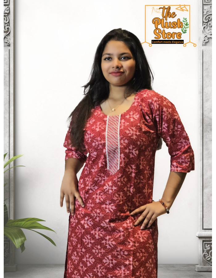 A model wearing 2-Piece Kurti Pant Co-ord Set For Women in maroon-colour A model wearing 2-Piece Kurti Pant Co-ord Set For Women in maroon-colour