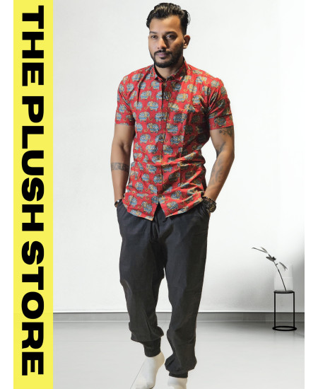 Pure Cotton Rust Half Shirt With Gajraj Print For Men