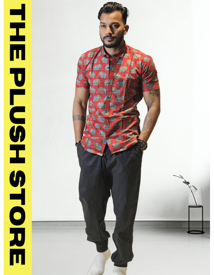Pure Cotton Rust Half Shirt With Gajraj Print For Men