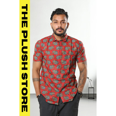 Pure Cotton Rust Half Shirt With Gajraj Print For Men