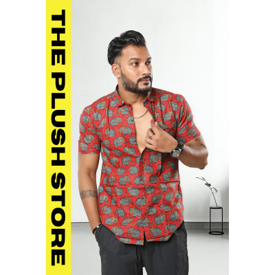 Pure Cotton Rust Half Shirt With Gajraj Print For Men