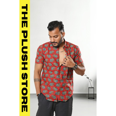 Pure Cotton Rust Half Shirt With Gajraj Print For Men
