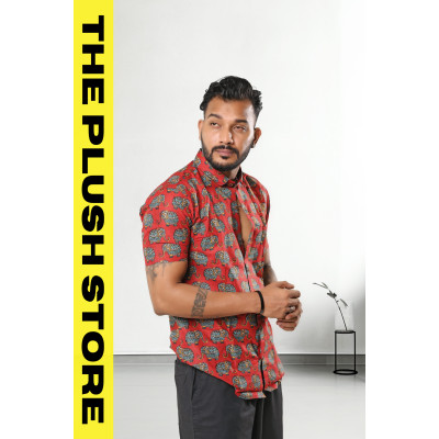 Pure Cotton Rust Half Shirt With Gajraj Print For Men