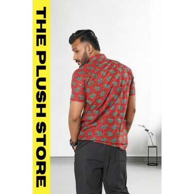 Pure Cotton Rust Half Shirt With Gajraj Print For Men