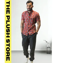 Pure Cotton Rust Half Shirt With Gajraj Print For Men