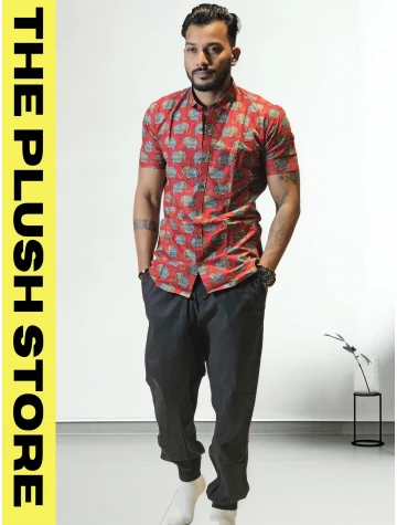 Pure Cotton Rust Half Shirt With Gajraj Print For Men  Pure Cotton Rust Half Shirt With Gajraj Print For Men data-sizes=