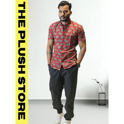 Pure Cotton Rust Half Shirt With Gajraj Print For Men