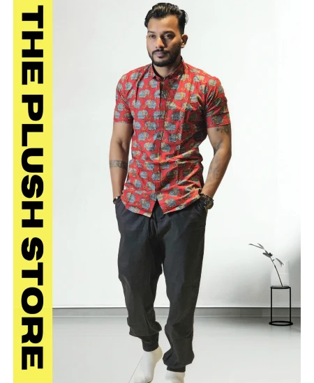 Pure Cotton Rust Half Shirt With Gajraj Print For Men