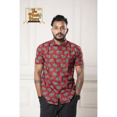 Pure Cotton Rust Half Shirt With Gajraj Print For Men